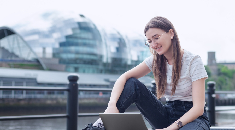 woman looking at computer